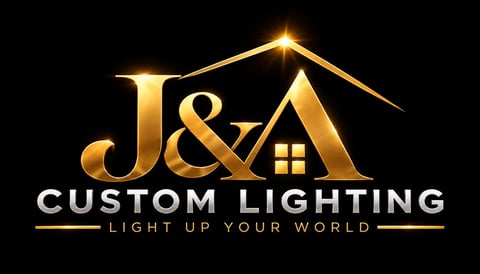 J&A Custom Lighting logo with gold house icon and company name on black background